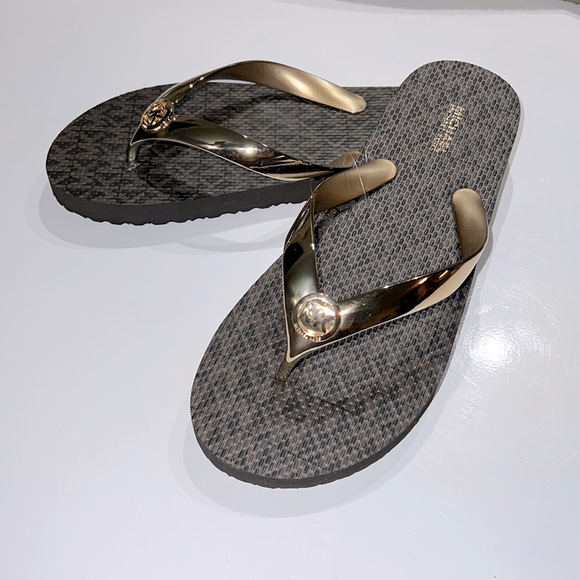 Michael Kors Shoes - Michael Kors Brown/Gold Women’s Flip Flop, Sandals, Thongs NWOB Size 8 Gold Logo